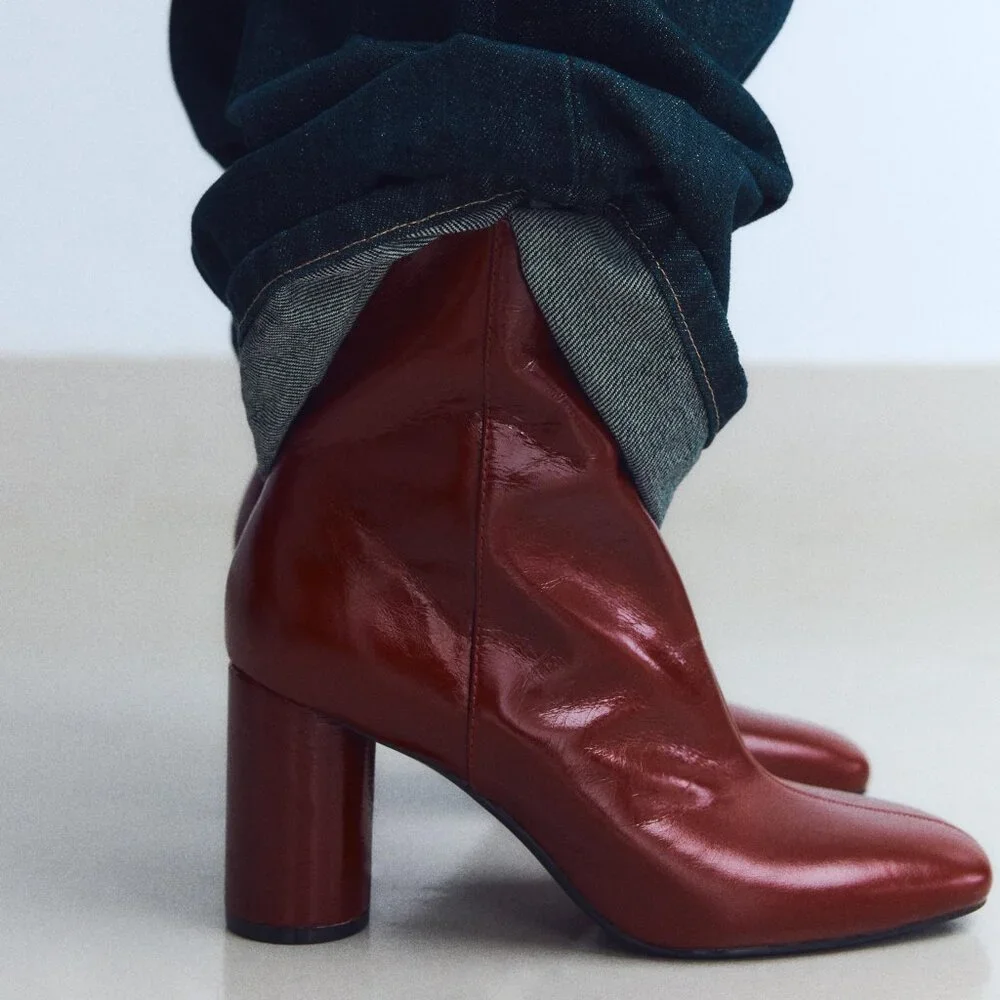 Zara Leather Ankle Boots Burgundy Red - Picture 1 of 8
